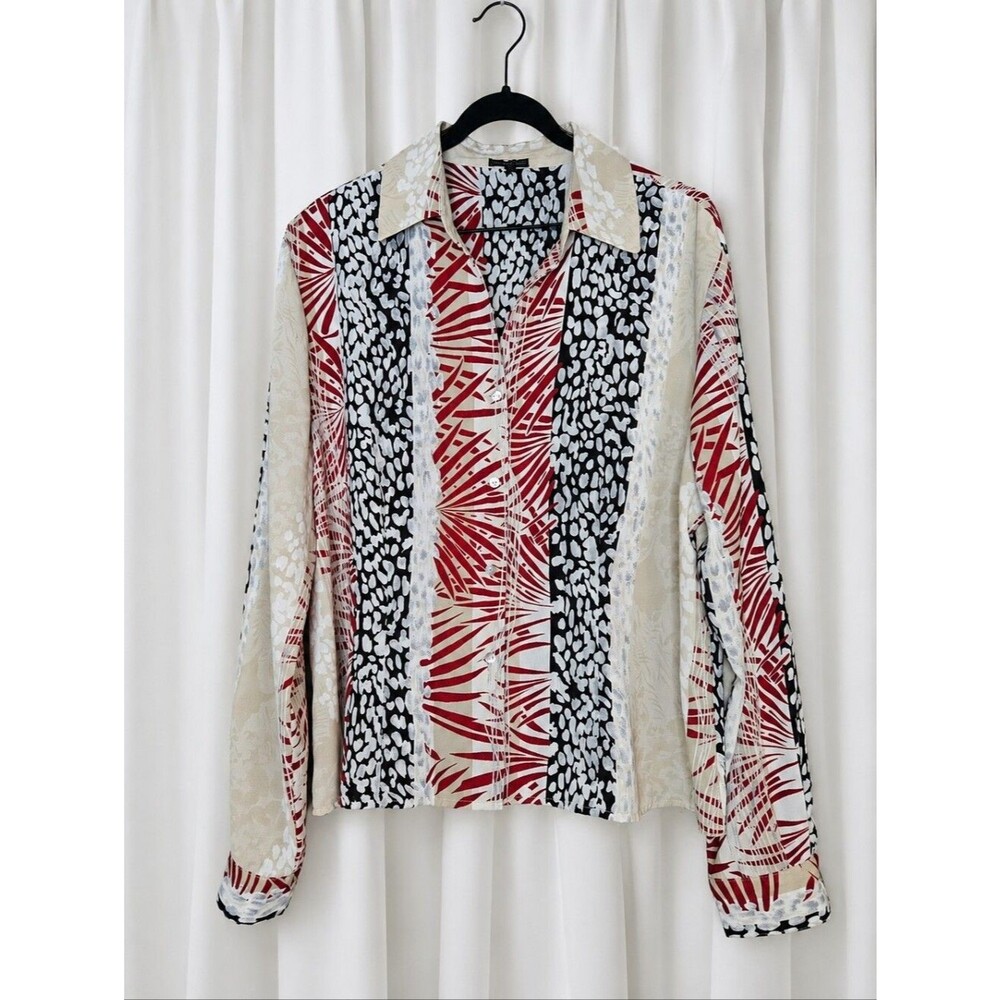 Vintage PIANO Mixed Print Button Front Blouse Abstract Tropical Animal Stripe